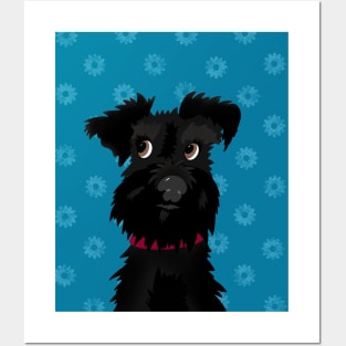 Black Miniature Schnauzer Dog with Blue Daisies Posters and Art